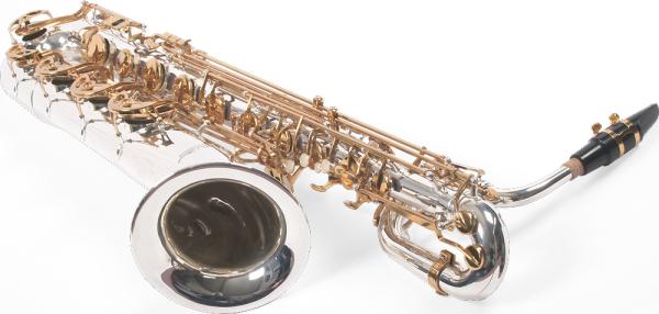 Glaser Bariton Saxophon versilbert, Messingklappen, Mundstück
